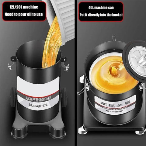 Heavy Duty Pneumatic Grease Pump With 80 To 1 Pressure Ratio And Fast Injection Output For No Sweat Car Truck And Garage Lubrication Maintenance Routines showing two grease pump sizes 12L and 40L.