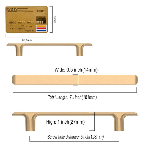 Diagram with dimensions of Sleek Champagne Bronze Cabinet Pulls 5 Inch 128mm Hole Centers 10 Pack Kitchen Drawer Handles Hardware