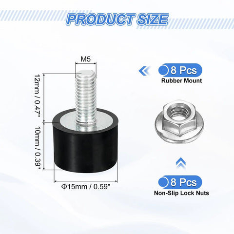 8 Pack M5 Thread Rubber Mounts Vibration Isolators Cylindrical Shock Absorbers With Studs 15 By 10mm And Non Slip Nuts Built For Gearhead DIY Projects And Everyday Auto Electronics And Home Use, black rubber mount with M5 stud, 15x10mm