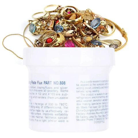YUEHISY Brazing Powder For Jewelry Making Gold Silver Copper Welding Flux Steel Stainless Steel Repair Solder Paste in container with jewelry.