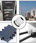 Collage featuring M25 Waterproof Nylon Cable Gland Joint Adjustable Connector and its installation in electrical enclosures.