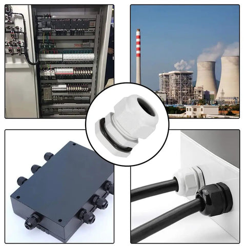 Collage featuring M25 Waterproof Nylon Cable Gland Joint Adjustable Connector and its installation in electrical enclosures.