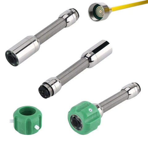 Heavy Duty Waterproof Borescope Inspection Camera With 30 Meter Line And 22 Millimeter Probe For Drain And Sewer Checks Tough TV Lens And Bright 6W Led Lights To Straight Up Crush Gunk In Tight Spots Today showing camera heads and flexible shafts.