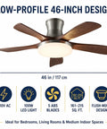 MADISH Modern Walnut 46 Inch Ceiling Fan With Light, low profile design with 5 ABS blades and 100W LED light, ideal for large rooms.