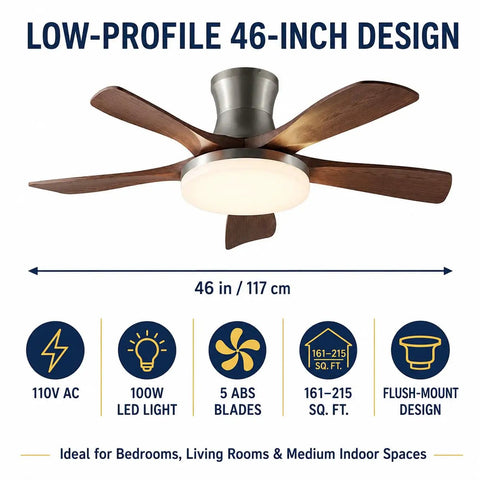 MADISH Modern Walnut 46 Inch Ceiling Fan With Light, low profile design with 5 ABS blades and 100W LED light, ideal for large rooms.