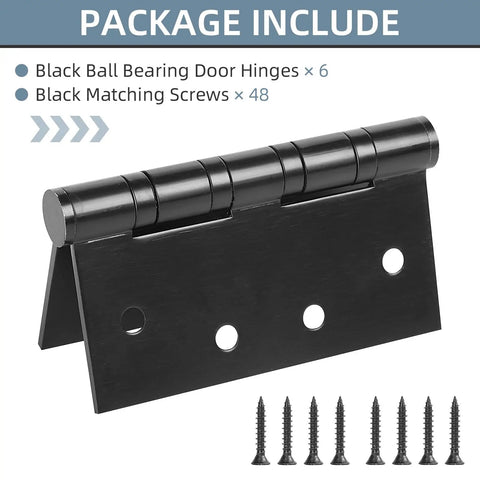 Six Pack Tough As Nails 4 Inch Stainless Steel Door Hinges Heavy Duty Ball Bearing Action Matte Black Finish with screws.