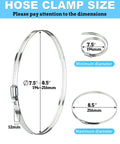 Six Pack Of 8 Inch Stainless Steel Hose Clamps Adjustable Worm Gear Drive Designed For Fuel Lines And Dryer Vents Durable 304 Stainless Steel With Smooth Edges Rust Resistant Heavy Duty Hose Clamp Set size chart showing minimum and maximum diameters.