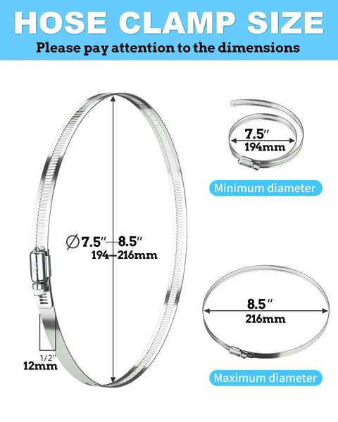 Six Pack Of 8 Inch Stainless Steel Hose Clamps Adjustable Worm Gear Drive Designed For Fuel Lines And Dryer Vents Durable 304 Stainless Steel With Smooth Edges Rust Resistant Heavy Duty Hose Clamp Set size chart showing minimum and maximum diameters.