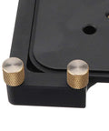Close-up of the Four In One Router Corner Jig with brass knobs and durable black aluminum base, designed for accurate wood curve cutting.