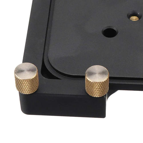 Close-up of the Four In One Router Corner Jig with brass knobs and durable black aluminum base, designed for accurate wood curve cutting.