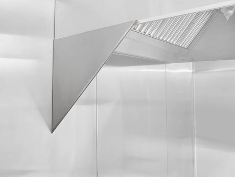 Hardcore 44X119 Insulated Stainless Steel Wall Panels With 1 Inch Foamed Core Backsplash Guard For Food Trucks And Commercial Kitchens showcasing a slanted stainless steel edge.