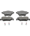 Top Notch Ceramic Front Disc Brake Pad Set For BMW X3 With Quiet Operation Long Lasting Friction Debris Escape Slots For Easy Debris Ejection And Smooth Confident Stops, showing 4 ceramic pads and 4 accessory bolts.
