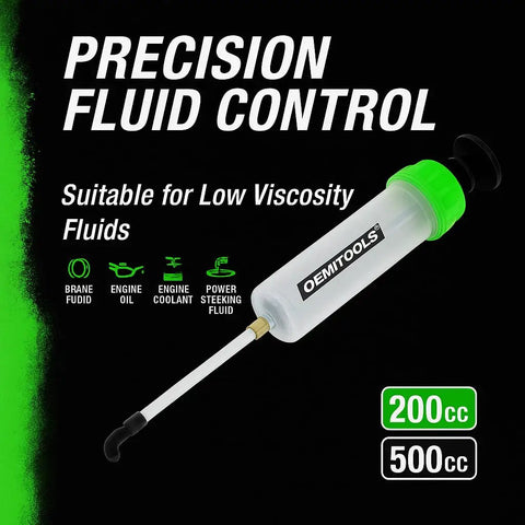Compact 200cc Fluid Extractor And Filler Pump for brake fluid, power steering, coolant with precise vacuum action shown horizontally