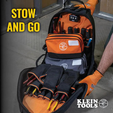 Open tool backpack with labeled compartments for organized storage, featuring orange and gray dual compartment tool pouch.