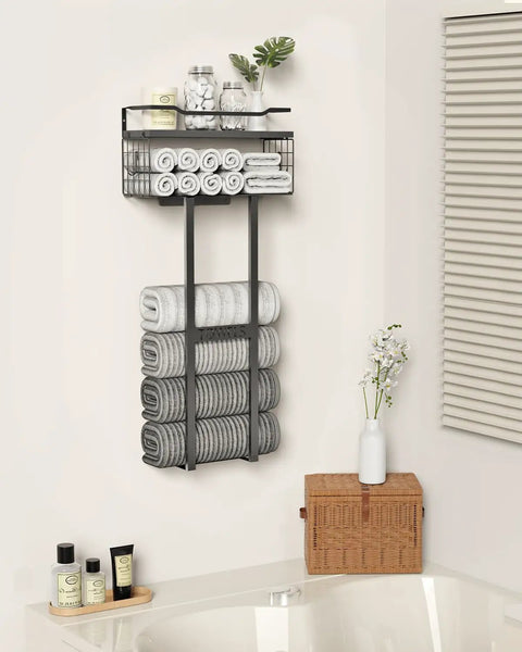 All Black 31 Inch Wall Mounted Towel Rack With Floating Wood Shelf And Top Basket, Holds 6 Large Rolled Towels Plus Toiletries