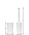 Heavy Duty Toilet Plunger Kit With Smart Air Relief Valve And Spacious Tall Bucket Caddy showing dimensions and design for effective clogs removal.