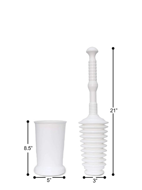 Heavy Duty Toilet Plunger Kit With Smart Air Relief Valve And Spacious Tall Bucket Caddy showing dimensions and design for effective clogs removal.