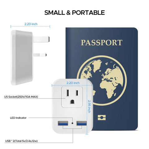 Type G Travel Plug Adapter With 2 USB Ports And 1 AC Outlet next to passport showcasing size and portability for international use.