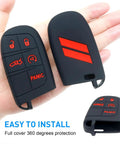 Dodge Key Fob Cover 5 Button Case for Charger Challenger Dart Durango Journey Shield Protective Shell With Custom Double Stripe Design Fits 3 4 5 Button Remotes, displayed on hand
