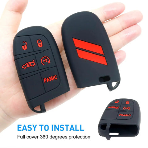 Dodge Key Fob Cover 5 Button Case for Charger Challenger Dart Durango Journey Shield Protective Shell With Custom Double Stripe Design Fits 3 4 5 Button Remotes, displayed on hand