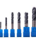 Front view: six-piece solid carbide ball-nose end mills set with blue collet adapters for CNC router use