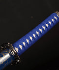 Close-up of blue handle of Three Piece Iaido Katana Set With Display Stand, Badass Blue Blade And Engraved Scabbard Pattern, Japanese Samurai Sword