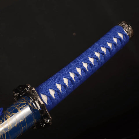 Close-up of blue handle of Three Piece Iaido Katana Set With Display Stand, Badass Blue Blade And Engraved Scabbard Pattern, Japanese Samurai Sword