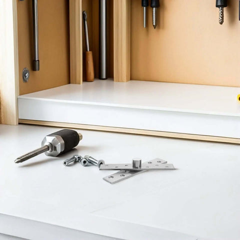 Workbench with tools illustrating Six Pack 360 Degree Concealed Door Pivot Hinges for Wood Cabinets, heavy duty stainless steel.