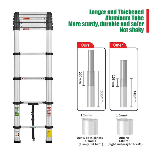 Image of 8.5 Ft Aluminum Telescoping Ladder For Home DIY Projects Foldable Extension With 12 Ft Reach Lightweight Portable Type 1A Soft Close Safety Durable Silver Finish showing longer aluminum tube comparison.
