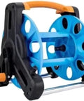 Portable Garden Hose Reel Cart With 50 Meter Hose And Nine Setting Spray Nozzle Rolling Water Storage Rack, durable blue design.