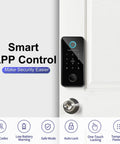 Keyless Entry Smart Door Lock With Fingerprint Anti Peep Code Bluetooth Auto Lock mounted on white front door.