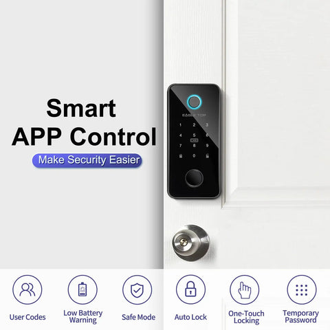 6 In 1 Smart Door Lock With Fingerprint App Control Auto Lock Anti Peep Code Bluetooth And Keyless Entry Remote Unlock IC Card Mechanical Key ANSI Grade 1 Black installed on door