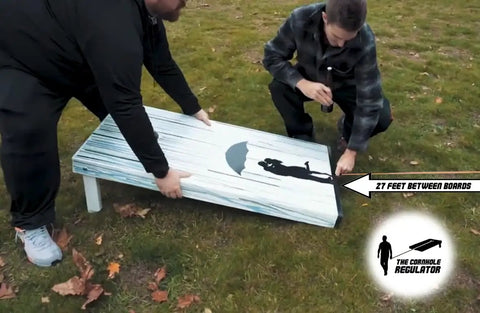 Hidden Self Retracting Cornhole Measuring Device For Regulation 27-Foot Distance Between Boards, No Tangled Rope Or Tape, Quick Setup, Discreet Accessory That Stays Ready During Gameplay. 27-foot cornhole board setup outdoors
