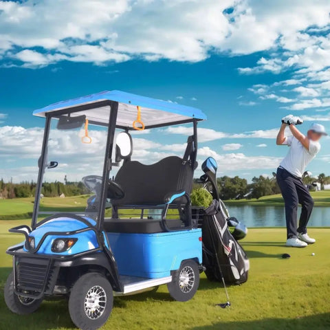 Premium Electric Golf Cart With 800W Motor And Roomy Storage Basket, side view on golf course, sunny day with golfer in background.