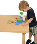 Kid Friendly Microscope Kit With 3 Interchangeable Lenses Magnified Tinted And Kaleidoscope Includes 10 Nature Slides Colorful Design And Fun STEM Learning For Ages 2 And Up, child using microscope on table