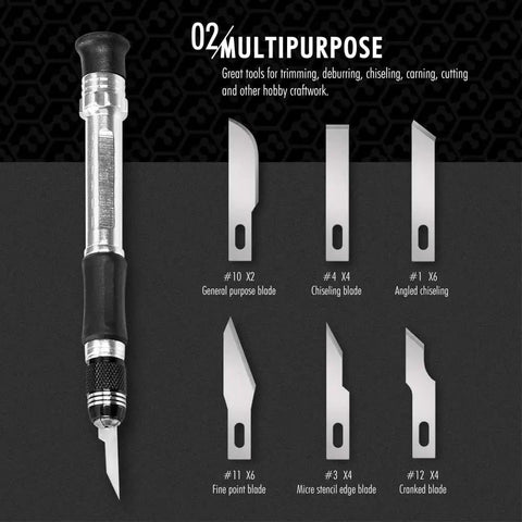 Pro Grade Craft Knife Set With 29 Blades In A Sturdy Storage Case For Artwork Scrapbooking Stencil Architecture Modeling Wood And Leather Projects Ideal For Fine Detail, featuring knife handle and various blades.