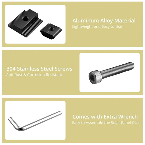 10 Pack Aluminum T Shaped Solar Panel Center Clamps with screws and wrench for 30mm and 35mm rail mounting on various roofs