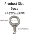Five Piece M8 Stainless Steel Eye Bolts Kit With Nuts And Washers with dimensions labeled for heavy duty lifting rings