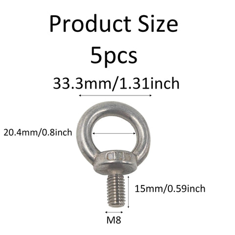 Five Piece M8 Stainless Steel Eye Bolts Kit With Nuts And Washers with dimensions labeled for heavy duty lifting rings