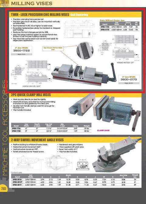 Twin Lock CNC Milling Vise 6 Inch Jaw, Precise Clamping for CNC Milling, Versatile Vertical or Horizontal Mounting, Bed Hardened to RC 45 for Durable Rock Solid Workholding in Milling Projects on catalog page