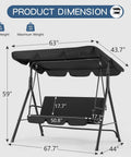 Heavy Duty 3 Seat Patio Swing With Removable Cushions, Adjustable Canopy And Smooth Glider Motion For Garden, Poolside Or Backyard, Built To Last Steel Frame Keeps Up To 450 Pounds, Black in dimensions illustration