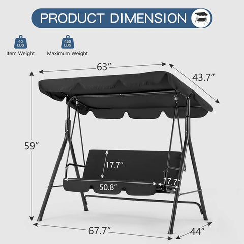 Heavy Duty 3 Seat Patio Swing With Removable Cushions, Adjustable Canopy And Smooth Glider Motion For Garden, Poolside Or Backyard, Built To Last Steel Frame Keeps Up To 450 Pounds, Black in dimensions illustration