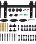 Heavy Duty Sliding Barn Door Hardware Kit For 4 To 9.6 Foot Double Doors Black Steel Rails And J Shaped Hangers components laid out