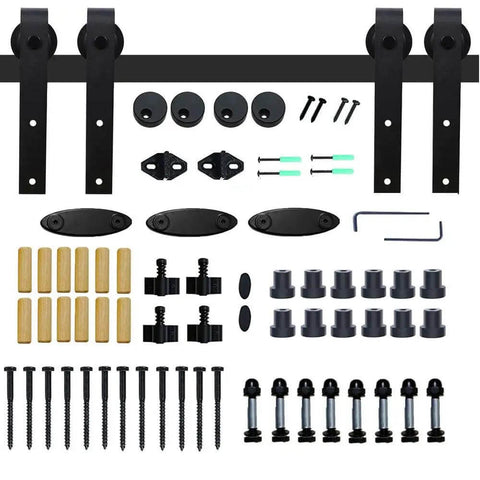 Barn Door Hardware Kit With Black J Shaped Hangers For 4 To 9.6 Ft Double Doors, Heavy Duty Steel Sliding Track System components displayed