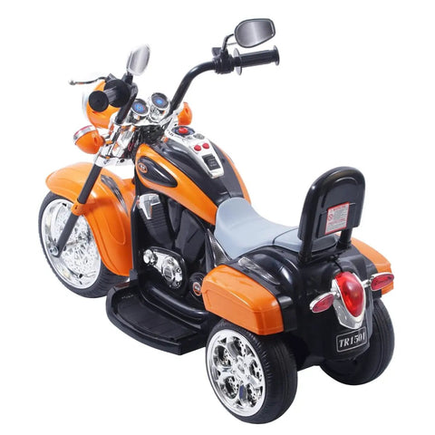 6V Battery Powered Electric Chopper Style Motorcycle Ride On Trike Toy For Kids Ages 3 To 6 Orange With Realistic Design Easy Pedal Drive Safe Beginner Friendly Features, orange plastic ride-on trike with chrome wheels