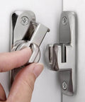 Close-up of Two Pack Silvery 90 And 180 Degree Barn Door Lock Zinc Alloy Right Angle Door Latch on a cabinet door.