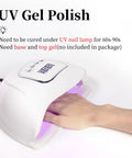 Hand under UV lamp curing Navy Blue Gel Nail Polish Soak Off 0.5 Fl Oz UV LED Safe For Sensitive Skin HEMA Free TPO Free Non Toxic Formula Great For Fall Winter Manis And Nail Art For Women And Girls