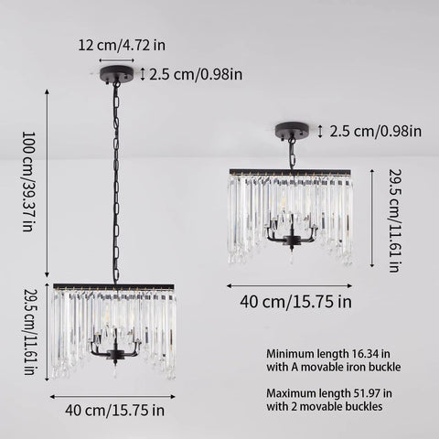 Dimensions of Four Light Crystal Chandelier With Black Iron Frame And K9 Clear Crystals in various adjustable lengths