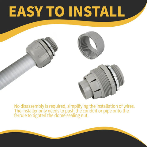 1 Inch Nylon Conduit Connectors 180 Degree Elbow Pack Of 5 Grey Liquid Tight PVC Fittings With Domed Nut O Ring And Steel Locknut Included Built To Withstand Impact And Weather Heavy Duty For Real World Job Sites shown with conduit