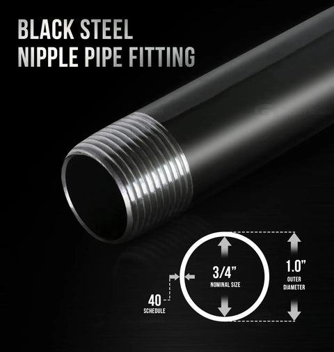 Close-up of black steel nipple pipe fitting showing 3/4 inch nominal size and threading. Gear Up Your DIY Projects With A Three Quarters Inch Nipples Assortment Kit For Steel Pipe Fittings In Black, Sixty Six Piece Set From One And A Half Inch To Six Inches Long, Six Of Each Size, Malleable Threaded Nipples For Vintage Shelving.